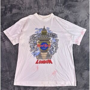 Vintage Hard Rock Cafe London Tee XL 90s Big Ben Graphic White Distressed Stains